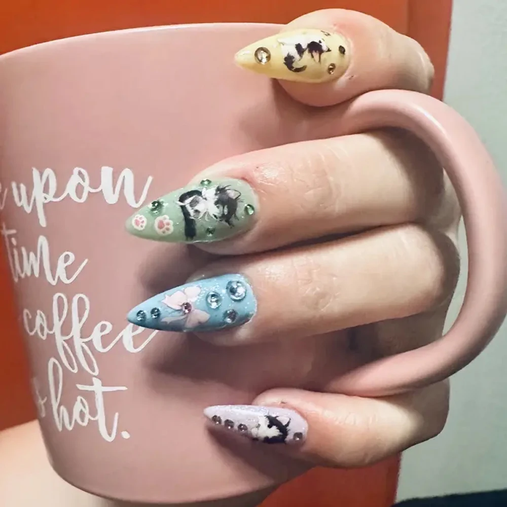 5D Cute Cartoon Cat & Butterfly Nail Stickers Self Adhesive Lovely Kitten Pink Bow Nail Art Decals Playful Cat Manicure Slider #