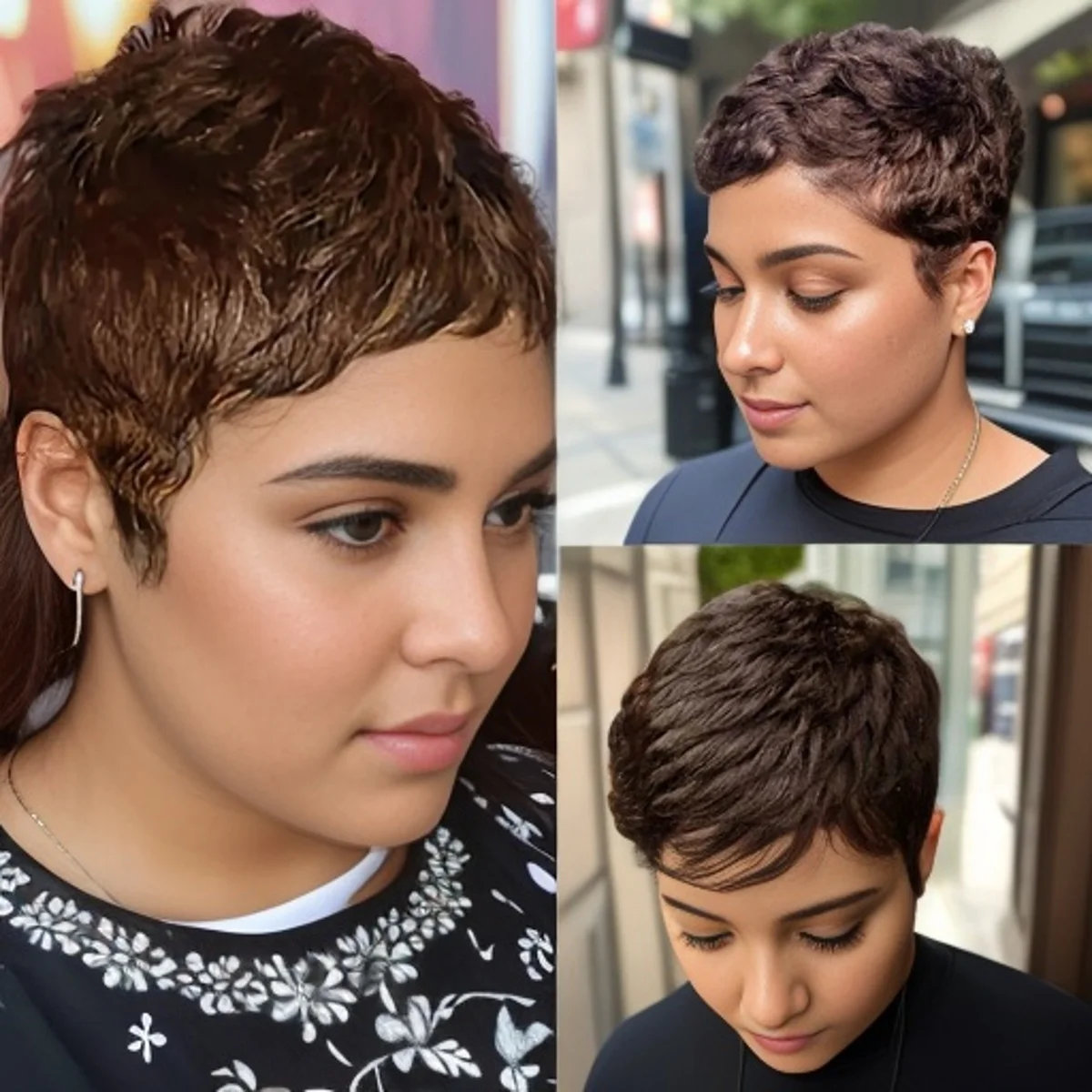 짧은 곱슬머리 여름 레이어드 인모 픽시컷 풀 머신 메이드 가발 (데일리용)