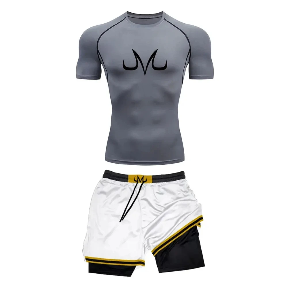Anime Men Compression Tight Suit Quick-drying Short-Sleeved Double-Layer Shorts GYM Sports Fitness Suit Casual Summer Sportwear