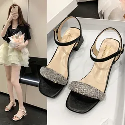 Soft Leather Women'S 2024 Summer New Fashion Fairy Feng Shui Diamond Thick Heel French Mid Heel Sandals