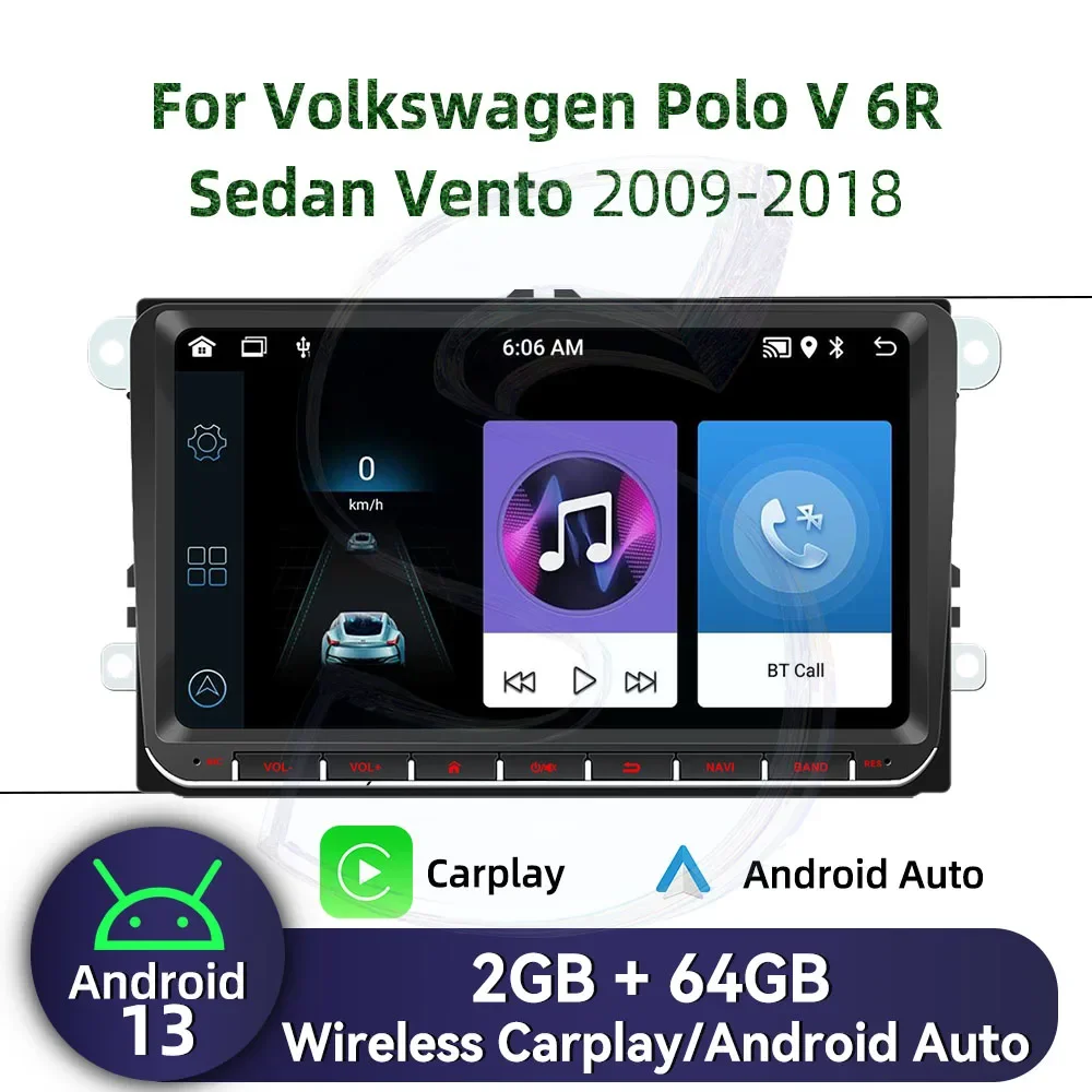Radio Multimedia para Auto con Pantalla de 9 Pulgadas y Sistema Android, Compatible con Carplay, para VW Volkswagen Polo 5 V 6R Sedan Vento 2009-2018, Unidad Principal con GPS