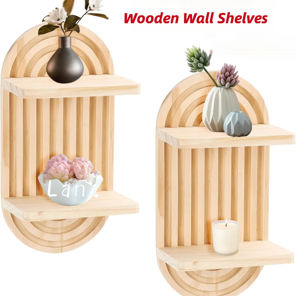 

Natural Wooden Wall Shelves Finish, Modern Home Decor Plant Decorative Boho Style Geometric Wall Mounted Shelves Solid Wood