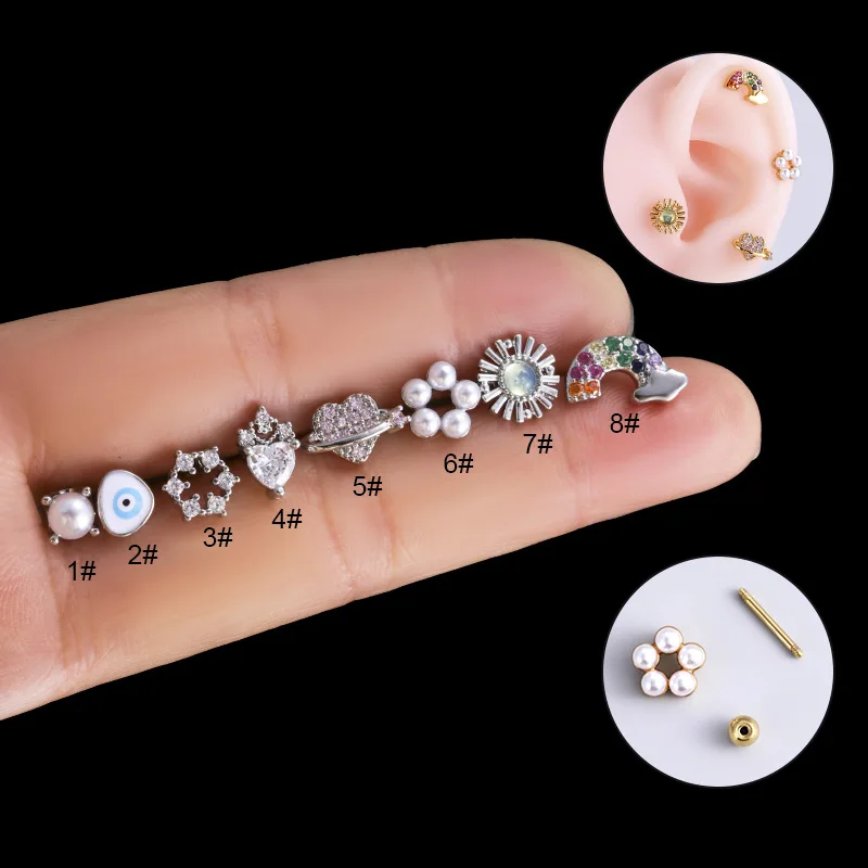 New Design 1PC Zircon Pearl Cartilage Earrings 20G Stainless Steel Flower Eye Rainbow Earring Stud Helix Tragus Piercing Jewelry