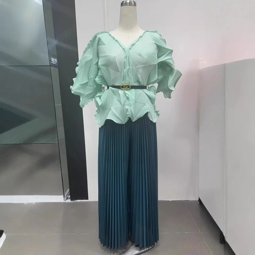 

Irregular Pleated Colour Blocking Tie Short Sleeve Top Loose Wide Leg Trousers Two-piece Set Miyake 2025 Summer New Women's Suit