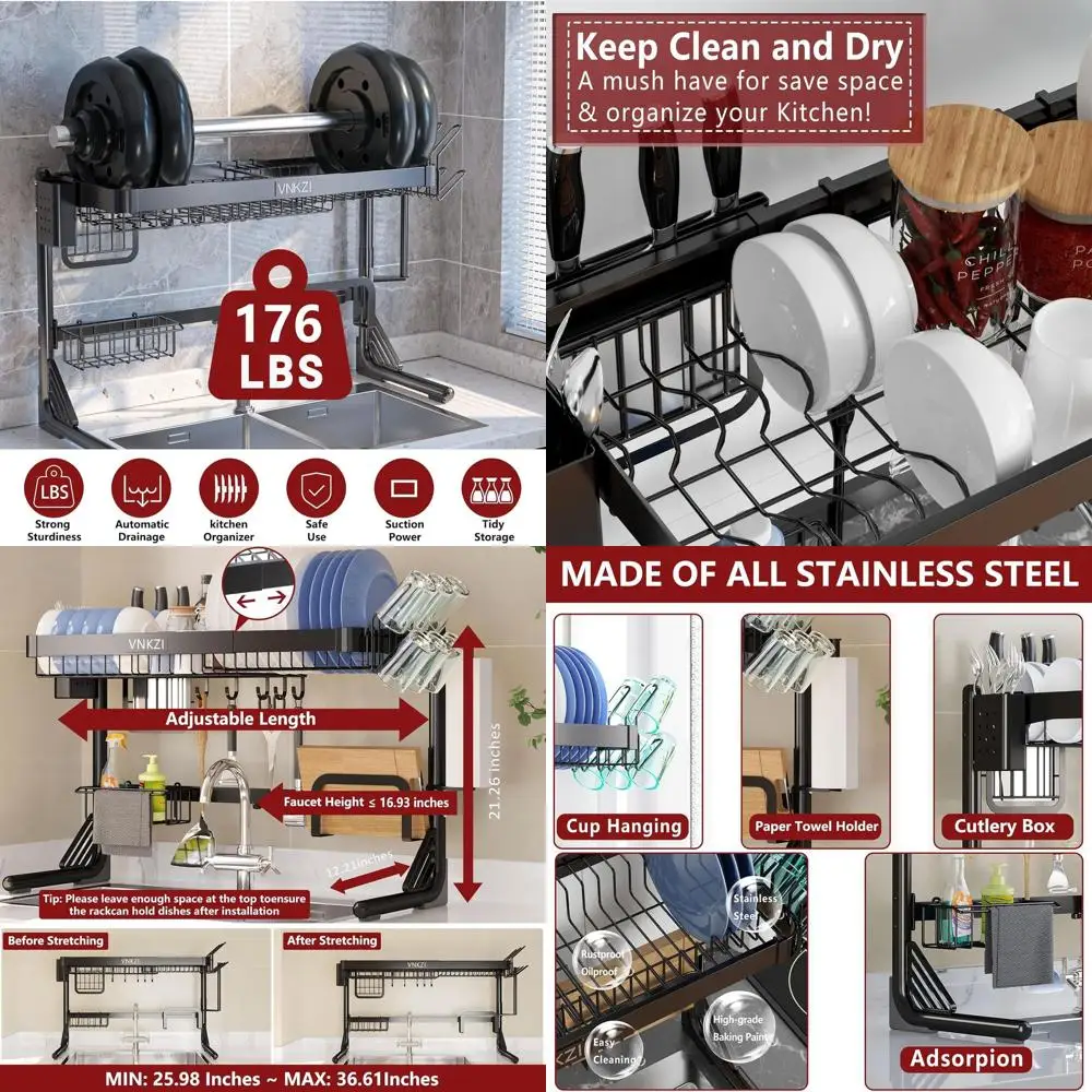 

Adjustable 2-Tier Stainless Steel Sink Dish Drying Rack, Kitchen Organizer, Space-Saving Expandable Rack (25.98-36.61)