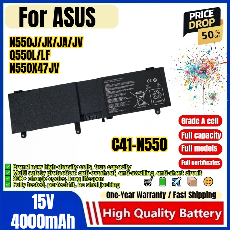 C41-N550 for ASUS N550J/JK/JA/JV Q550L/LF N550X47JV Laptop Battery 0Cycle High Capacity Battery Replacement Bateria Grade A Cell