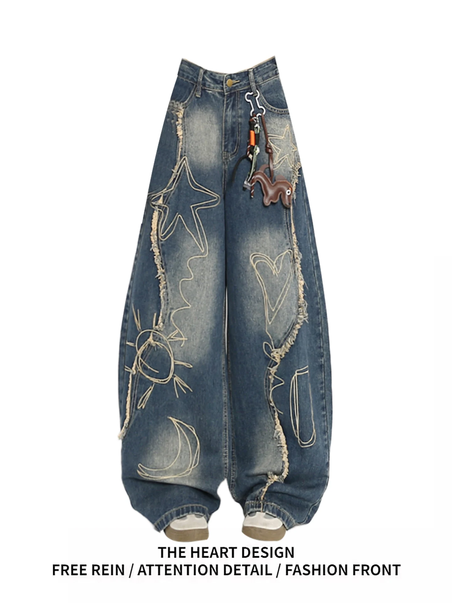 

Retro American Sle High Waist Wide Leg Jeans Women's Loose Fit Slimming Straight Cut Floor-Length Blue Denim Pants