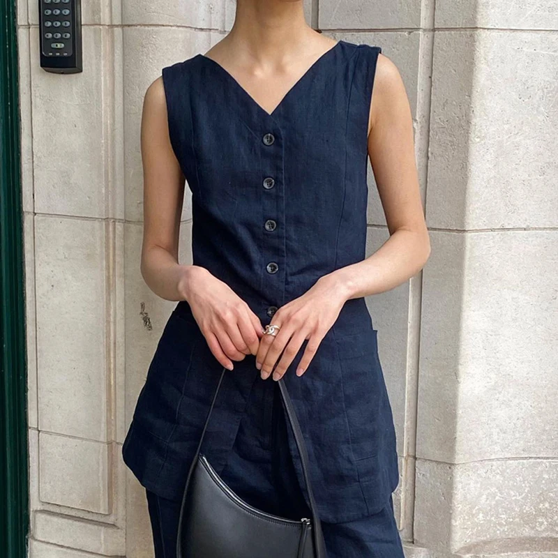 Navy Blue Sleeveless Vest Long Pants Set Fashion New High Waist Single Breasted Vest+Wide Leg Pants Slimming two-piece set