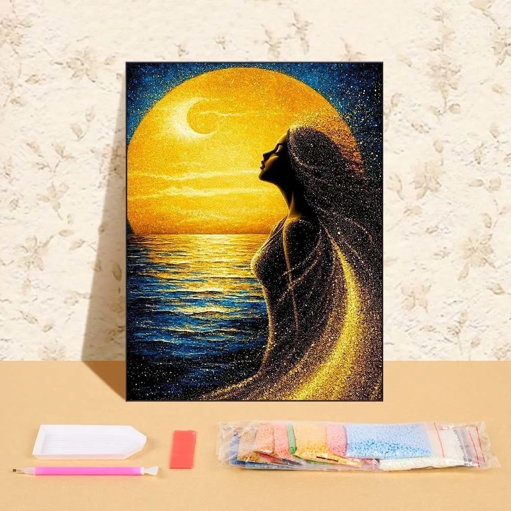 

5d Diy Diamond Art Embroidery Sea Moon Picture Rhinestone Kit Full Round Drill Painting Diamond Art Unique Gift Room Wall Decor