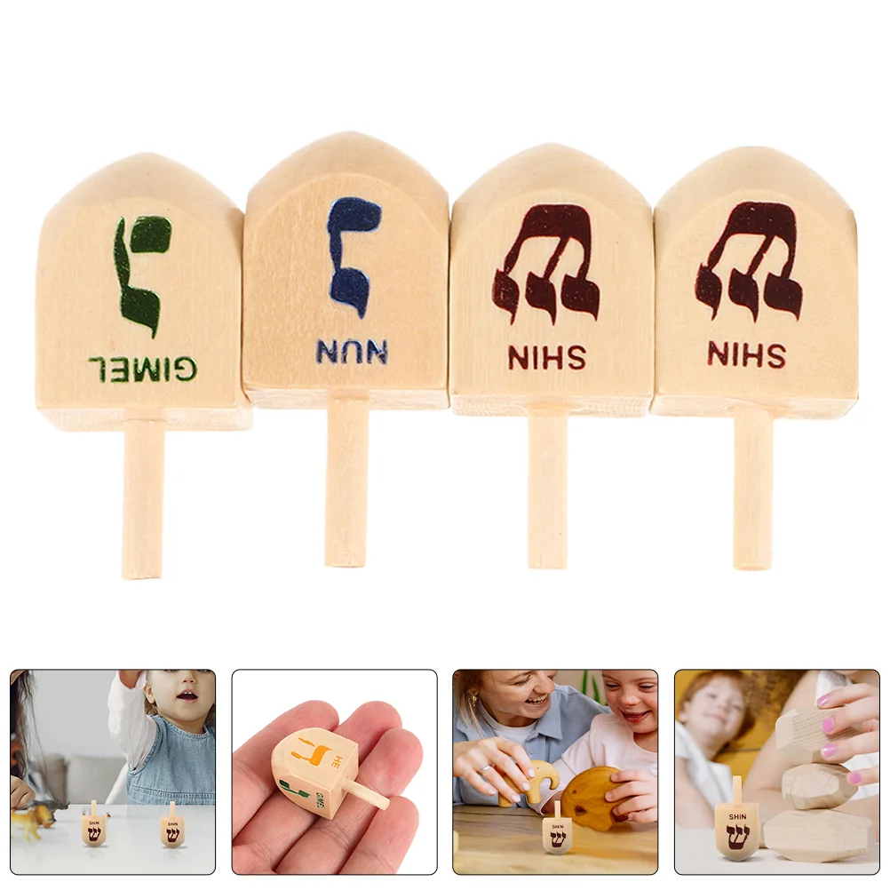 4 PCS Wooden Spinning Top Toy Hanukkah DIY Chips Handle Fidget Toys Decorations Dreidel Pinata