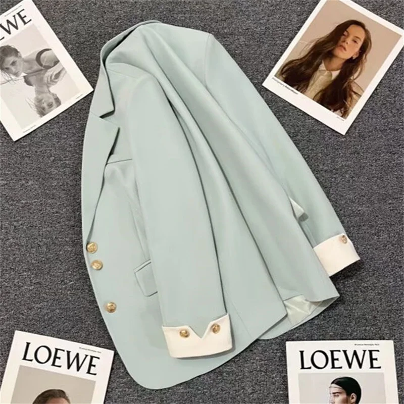 

Spring Fashion Blue Women's Suit Jacket High Quality Ladies Premium Style Korean Version Street Style Polyester Fabric