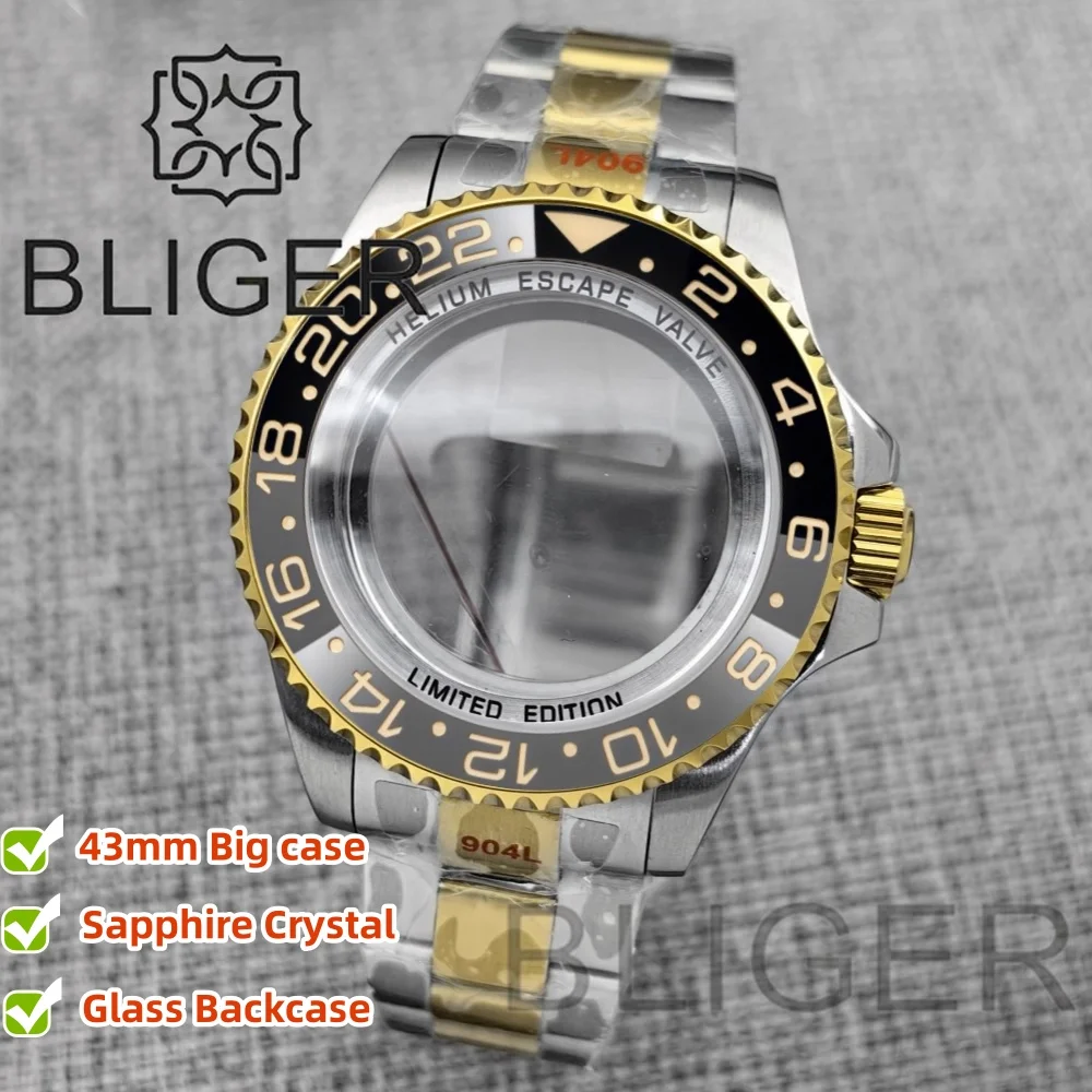 

BLIGER 43MM SEA Big Black Gray Ceramic Bezel TwoTone Sapphire Crystal Watch Case Stainless Steel Bracelet Fit NH35 NH36 Movement