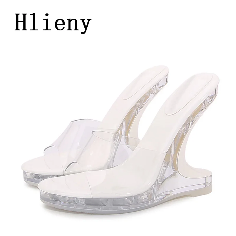 Hlieny New Design dziwne koturny kapcie Peep Toe PVC przezroczyste buty damskie letnie moda pokazuje wysokie obcasy sandały na platformie