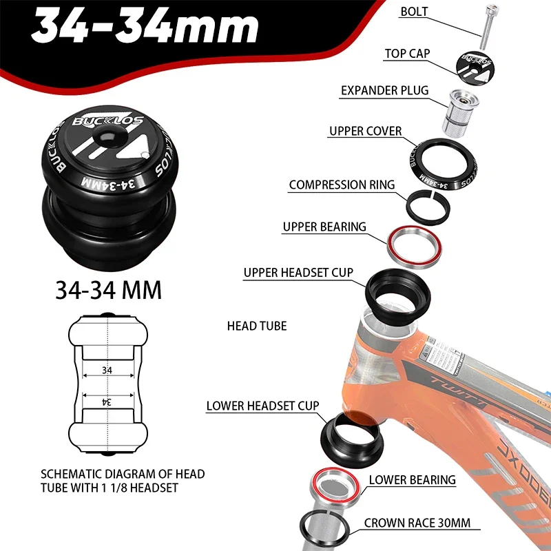 BUCKLOS Bike Headset for 34-34/44-44/44-50.6/44-55/44-56 Bike Frame Bicycle 1 1/8 Headset Seal Bearing 28.6mm MTB Headset image 3