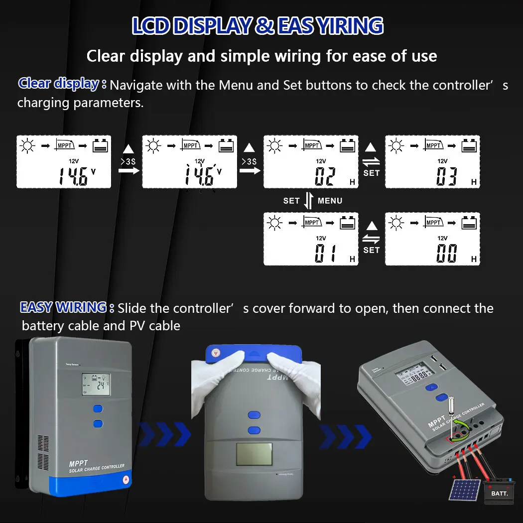 Y&H 40A 60A 80A 100A Real MPPT جهاز التحكم بالشحن بالطاقة الشمسية 12 فولت 24 فولت 36 فولت 48 فولت مع شاشة الكريستال السائل منظم الطاقة الشمسية للرصاص الحمضية/الليثيوم #3