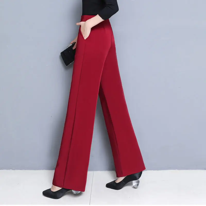 Spring and Autumn Women\'s Solid Pocket High Waist Elastic Elastic Wide Leg Loose Fit Fashion Elegant Commuter Casual Pants