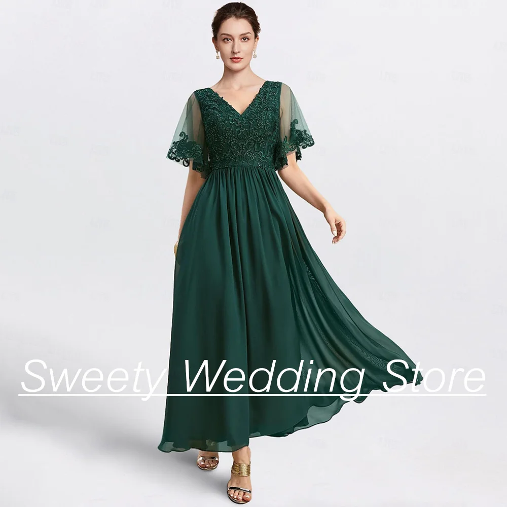 

Emerald Green Mother of The Bride Dress Batwing Sleeevs Sequined Applique Ankle Length Chiffon A Line Wedding Guest Gown