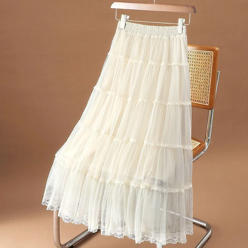 High Waist Midi Lace Skirt Women's Spring Summer New Style Fairy Gown Skirt Hip Covering A-Line Skirt Casual Style Polyester ...