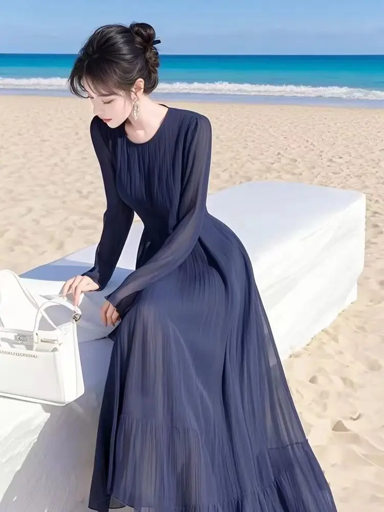 

Женское однотонное платье А-силуэта с длинными рукавами и тонкими бретелями спереди, элегантное праздничное длинное шифоновое платье для женщин, весна-лето TS966