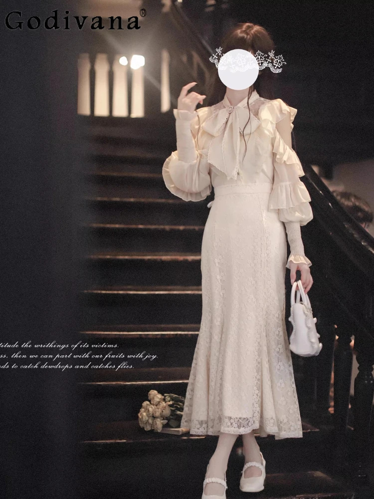 

Mine Mass-Produced Lolita Long-Sleeve Shirt and Mermaid Skirt 2-Piece Set for Women Slim Big Bow Shirt Lace Skirt Set Spring