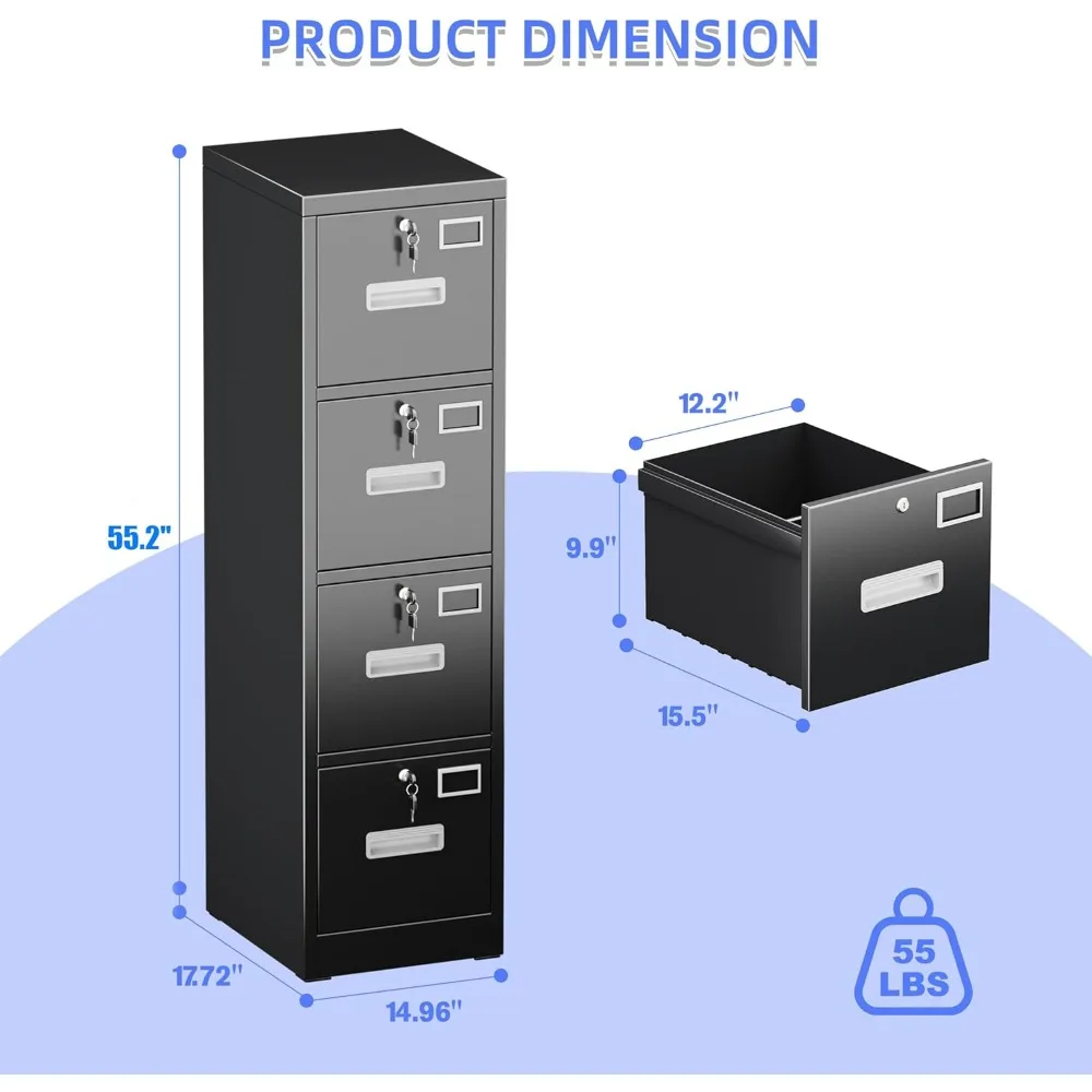 خزانة ملفات ذات 4 أدراج، خزانة ملفات عمودية معدنية مع 4 قفل، خزانة ملفات منزلية للمكتب مع حامل بطاقة الاسم لرسالة/Le