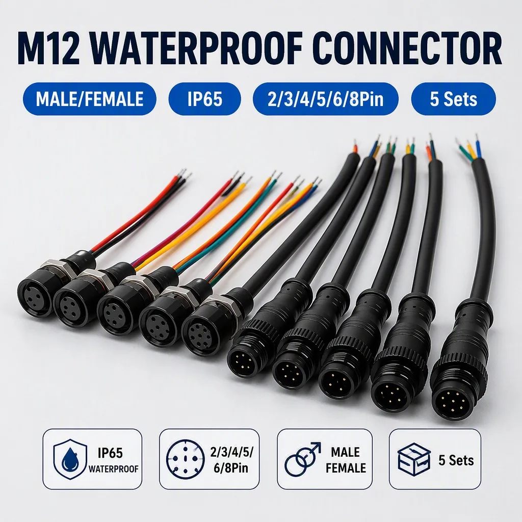 5PCS M12 IP65 Metal Waterproof Connector Male Plug Female Socket 2/3/4/5/6/8 Pin Panel Mount with Prewired Pigtail Cable