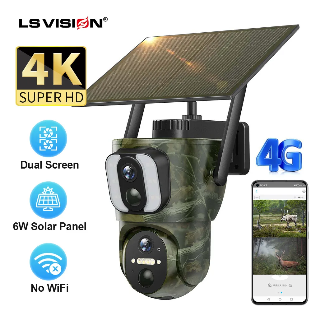 LS VISION-Cámara de rastreo Solar 4K 4G con pantalla Dual, videocámara de seguridad PTZ con detección PIR Dual para exteriores, habla bidireccional, cámara impermeable para vida silvestre