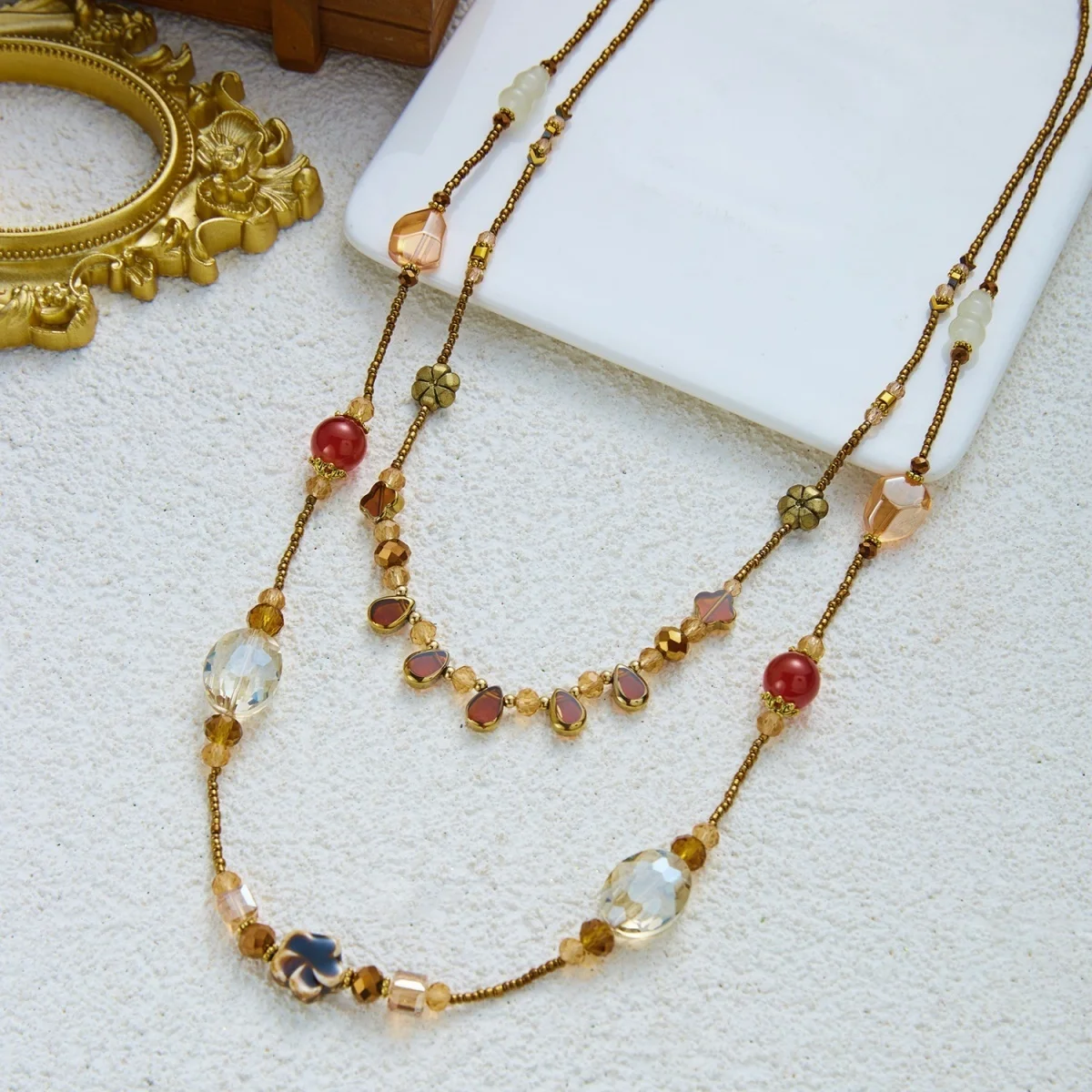 Vintage Bohemian Kristallblumen Lange Mehrlagige Halskette für Damen und Herren, Mehrfarbige Kristallperlen, Blumen-Charm-Choker, Partyschmuck – Detail 26