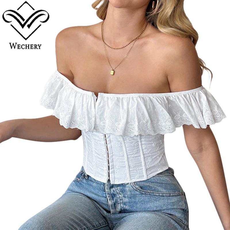 Women Off Shoulder Corset Top Ruffle Lace Bustier Vintage Lace Up Back Waist Slimming Body Shaper Party Clubwear Crop Top - view 2