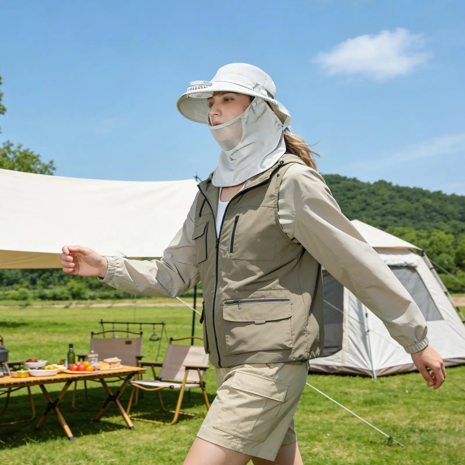 

Hat With Fan Wide Brim UV Protection Headwear Outdoor Fishing Hat With Face Guard Neck Flap For Outdoor Beach Picnic Camping