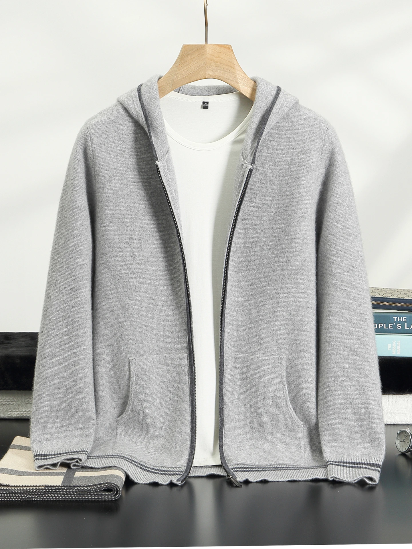 High-end Men's 100% Cashmere Sweater Thick Zippers Cardigan Autumn Winter Casual Jacket Soft Warm Cashmere Knitwear Hoodie