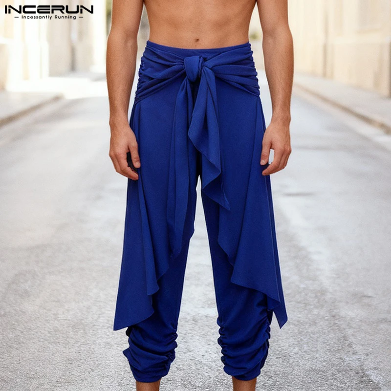 

INCERUN Men Irregular Pants Solid Color Joggers Lace Up Fake Two Pieces Trousers Men Streetwear Oversize Fashion Long Pants 2025