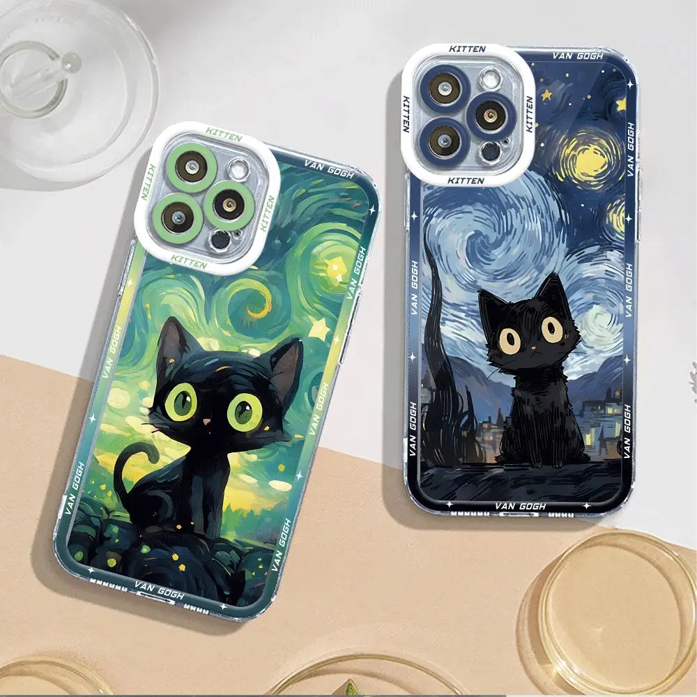 Phone Case for Apple iPhone 14 Pro Max 12 15 Pro XS Max 13 Mini 7 8 XR 11 Pro SE Transparent Soft Cover Van Gogh Art Cat