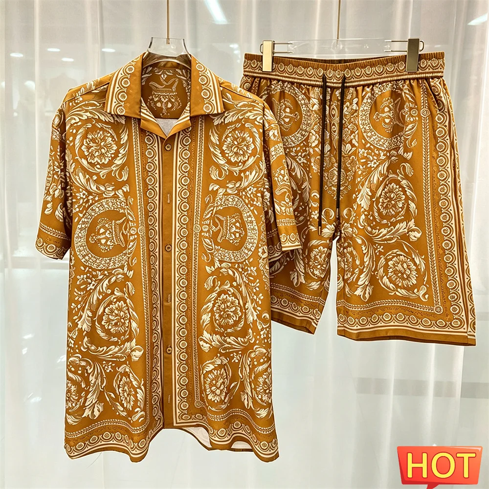 Summer Men's Shirt Set Striped Crown Pattern Luxury two-piece shirt set Casual home high-end button up shirts pants Men clothing