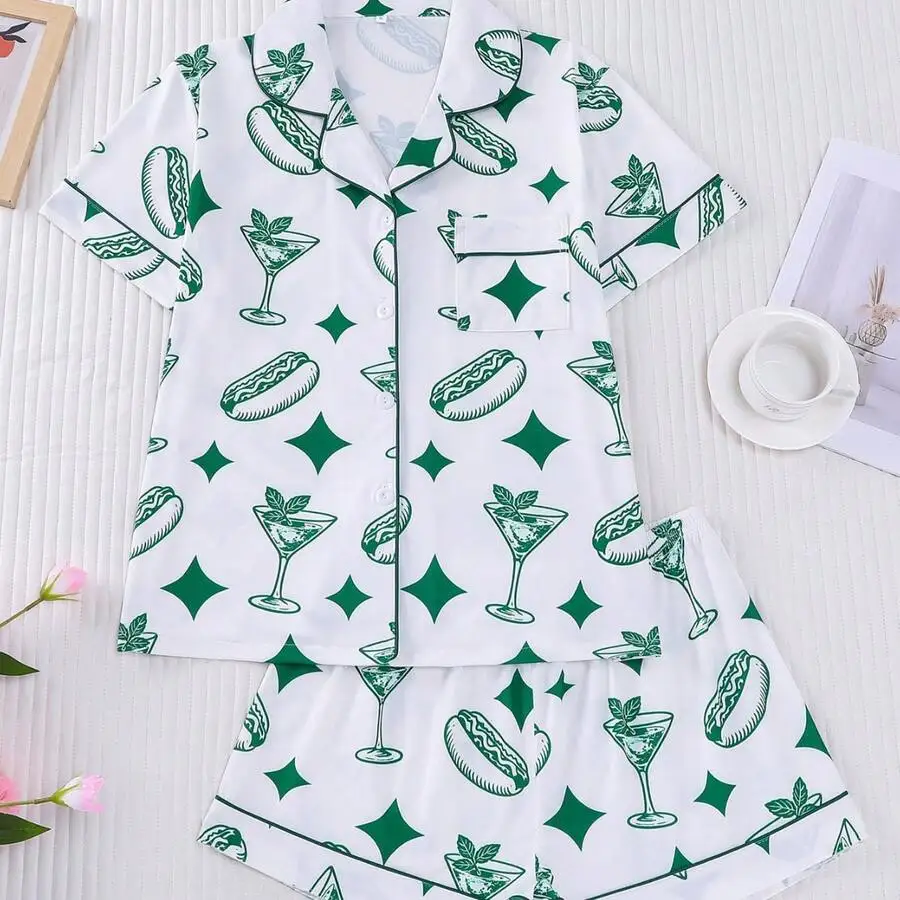 

Women Pajama Set Short Sleeve Sleepwear With Hot Dog And Cocktail Print Loose Fit Spring Summer