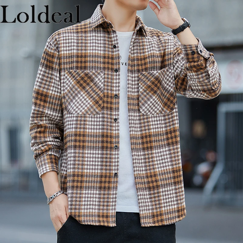 Loldeal Men Long Sleeve Button Down Casual Plaid Flannel Shirts Boyfriend Fall Blouses