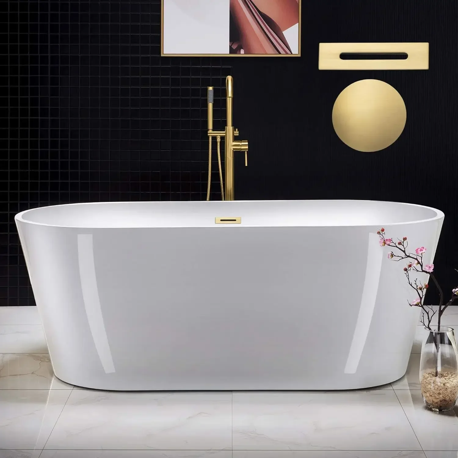 

A Bathtub Contemporary Soaking White Tub with Brushed Gold Overflow and Drain Easy to clean bathtub