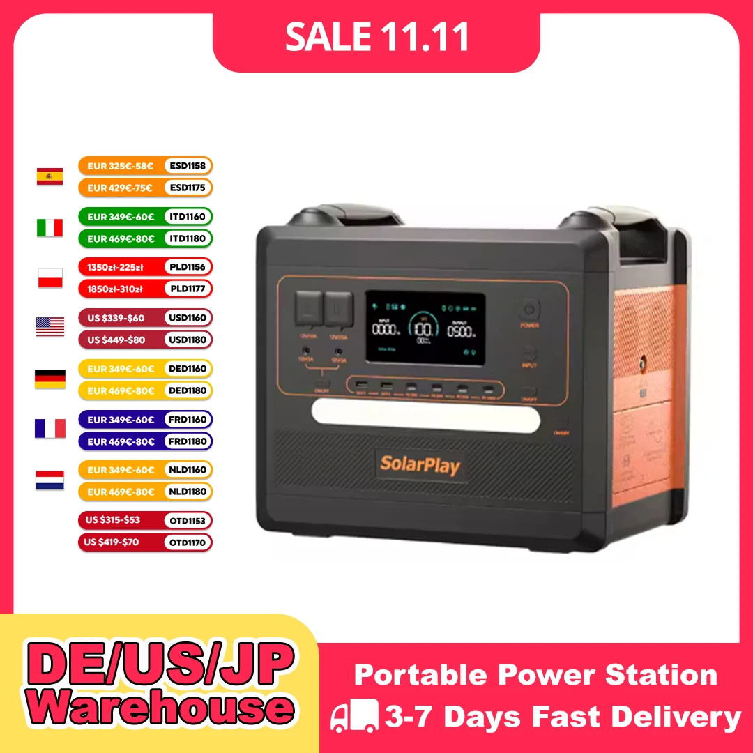 SOLARPLAY Q2402M Portable Energy Storage Power Station 2500W 2304Wh LiFePO4 Battery Support Foldable Solar Panel Charging Multi AC Output for Camping RV Home Off-Grid Power Supply