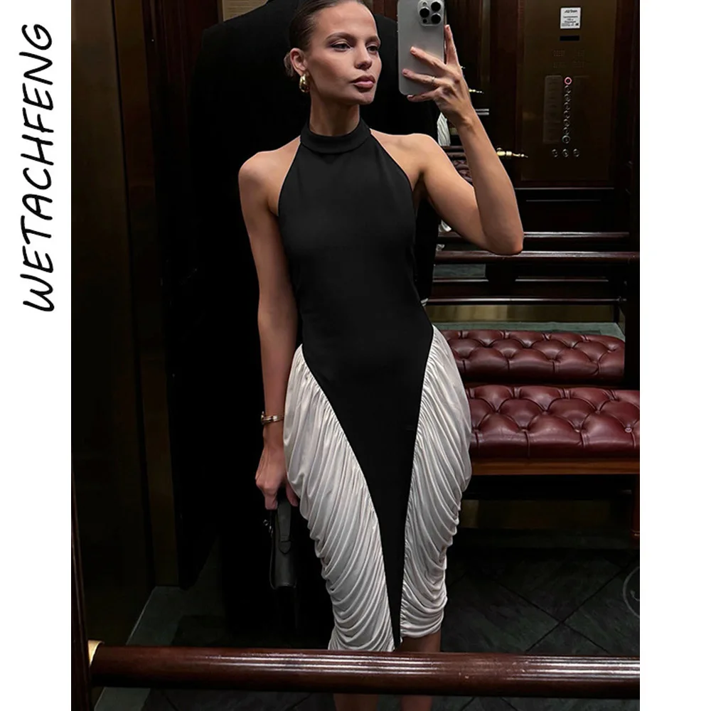 Verão sexy preto sem mangas hater bodycon midi vestido feminino dobras branco sem costas festa streetwear vestido de noite roupas moda