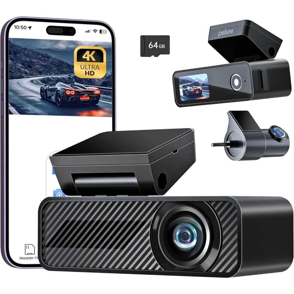 

4K Dash Cam Front and Rear, 64GB SD Card, 4K+1080P Dual Dash Camera for Cars, Wi-Fi & App Control, 1.5’’IPS Display Car Camera