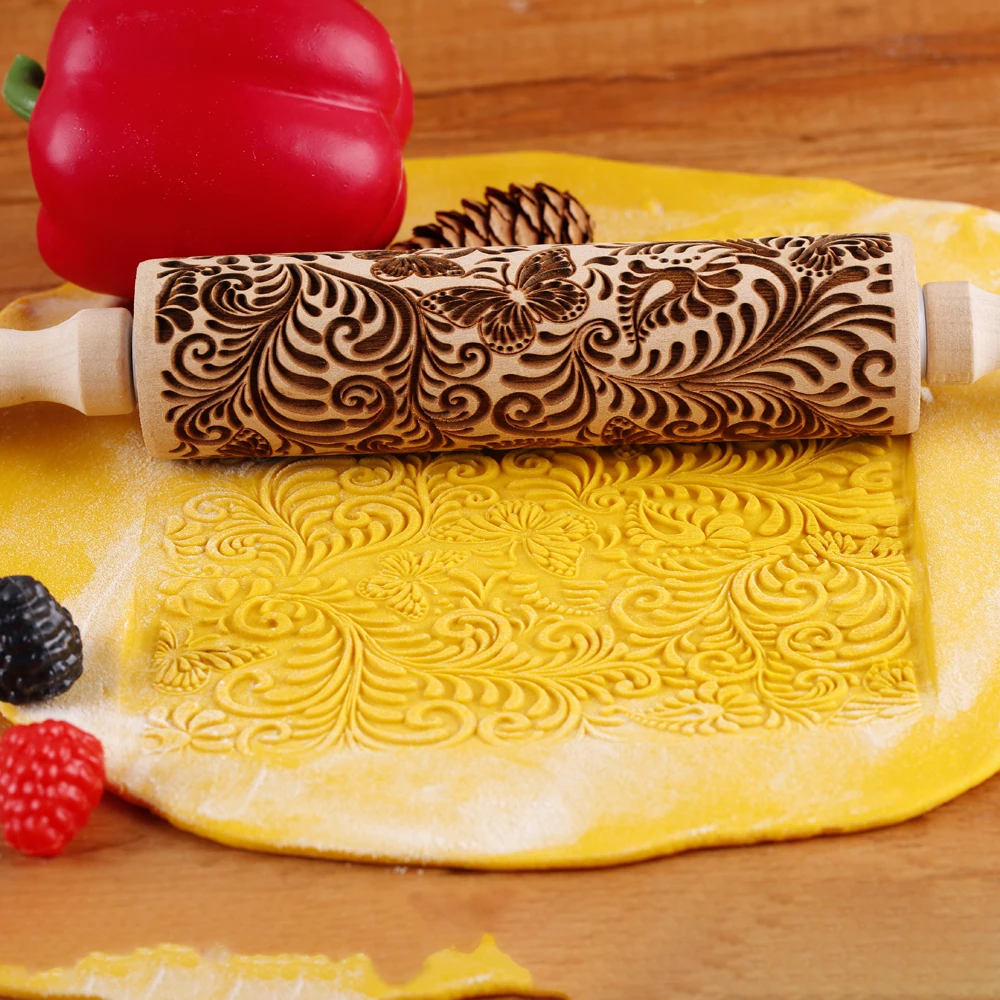 1pc 13.7in Wooden Butterfly Embossed Rolling Pin For Kitchen Pastry Baking Tools Tree Vine Deep Engraving Cookies Stamp Tool