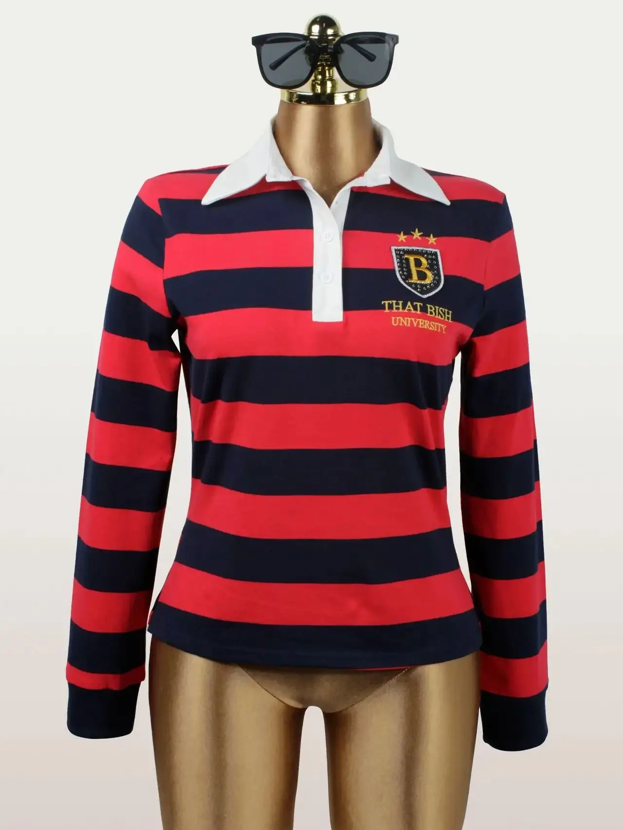 Cutenew Casual Streifen Frauen Polo T-Shirts Varsity Uniform Stickerei Abzeichen Herbst Volle Hülse Streetwear Casual Button Tees