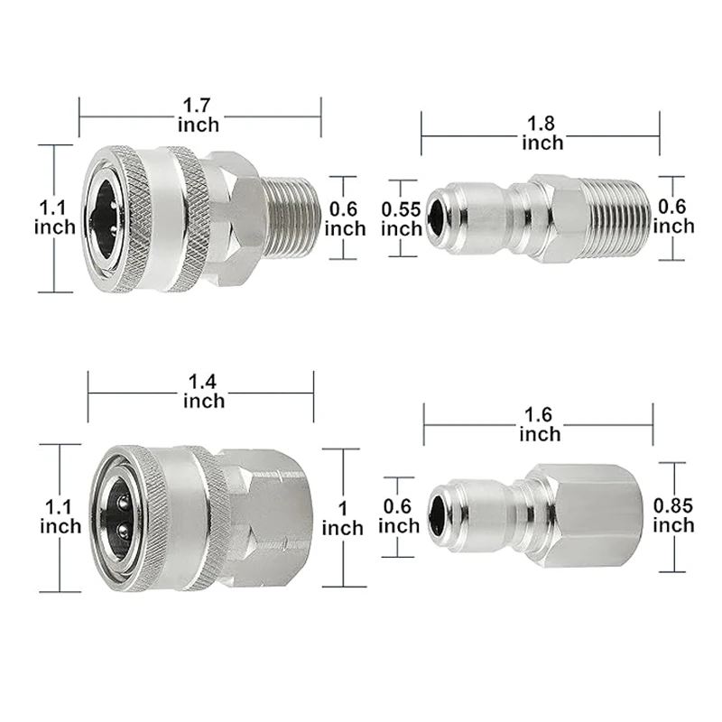 3/8 Inch Stainless Steel Pressure Washer Quick Connect Plug Coupler Kit Male Female Fittings with Internal and External Threads