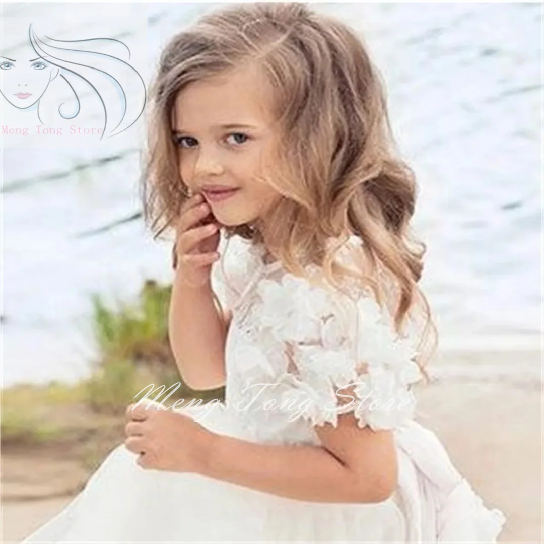 Vestido de encaje de tul con apliques de flores para niña, vestido elegante de boda con flores para celebración de primera comunión para niños