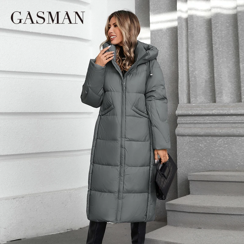 GASMAN 2024 Women down Jacket Long Classic zipper design Big Pocket Stand Collar Hooded Slim coat Women Parkas 88606