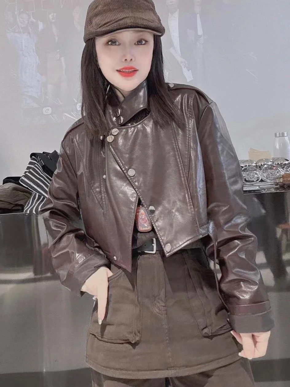 

Красная женская мотоциклетная куртка из натуральной овчины, новая осенняя коллекция 2024, модная, универсальная, в стиле байкерской куртки