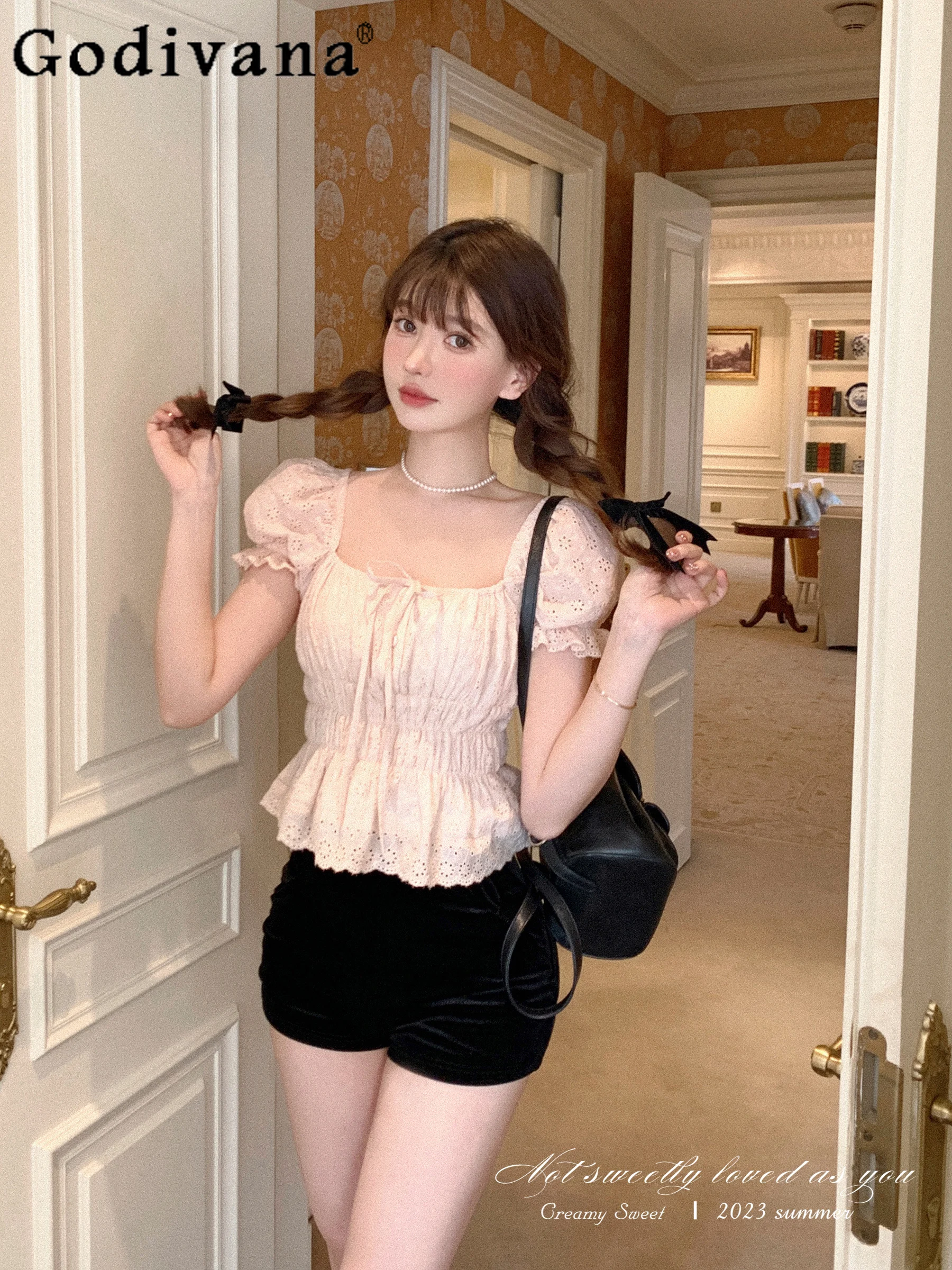 

Girl Harajuku Cute Slim-Fit Short Sleeves Shirts Summer New Fashion Bow Lace Up Puff Sleeve Y2k Tops Women Pink Casual Blouse