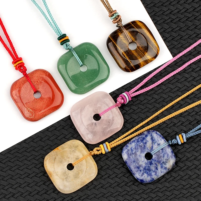 يتوهم جاسبر مربع على شكل Pingan الأحجار الكريمة القلائد قابل للتعديل اليدوية المنسوجة حبل للنساء الرجال 30 مللي متر دونت عملة حجر قلادة