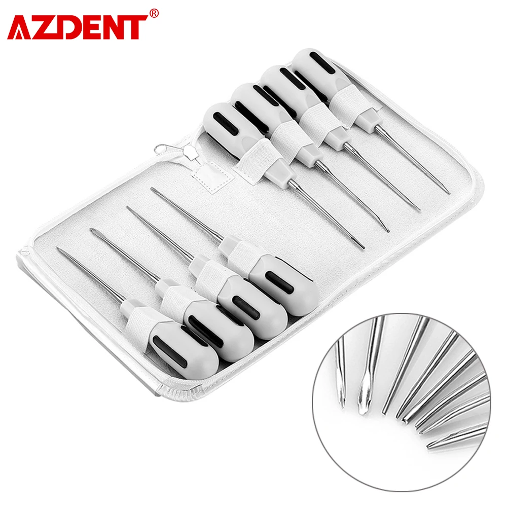 AZDENT 8pcs/Set Dental Lift Elevators Curved Root Extracting Instrument Dentistry Surgical Screwdriver With Plastic Handle