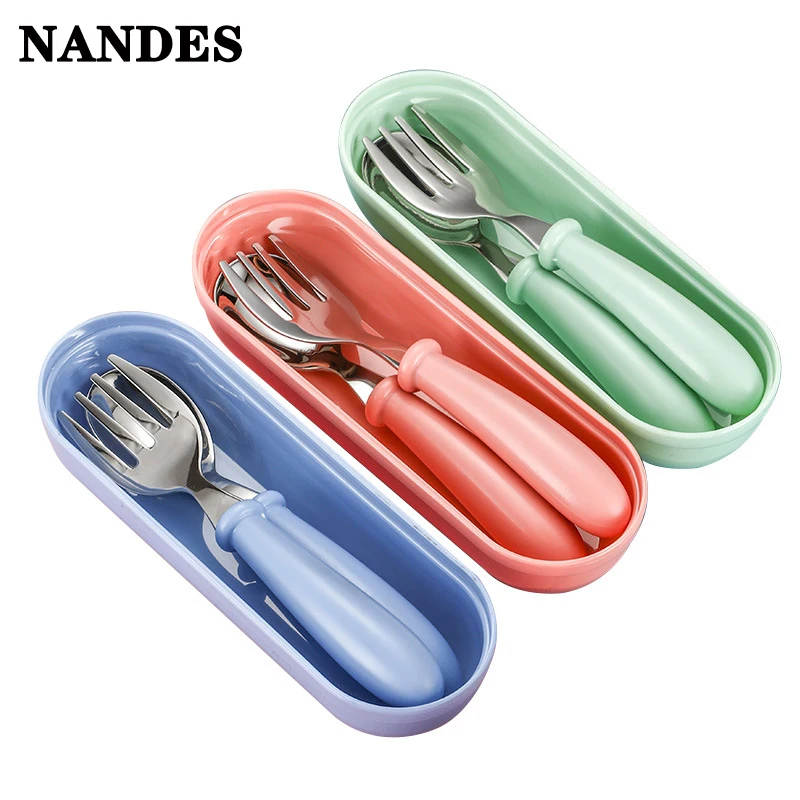 2 stücke Kinder Löffel Gabeln Mit Box Edelstahl Geschirr Besteck Lebensmittel Fütterung Baby Fütterung Geschirr Set Kinder Utensil